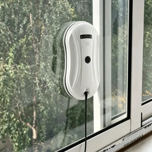 Customer using window cleaning robot at home